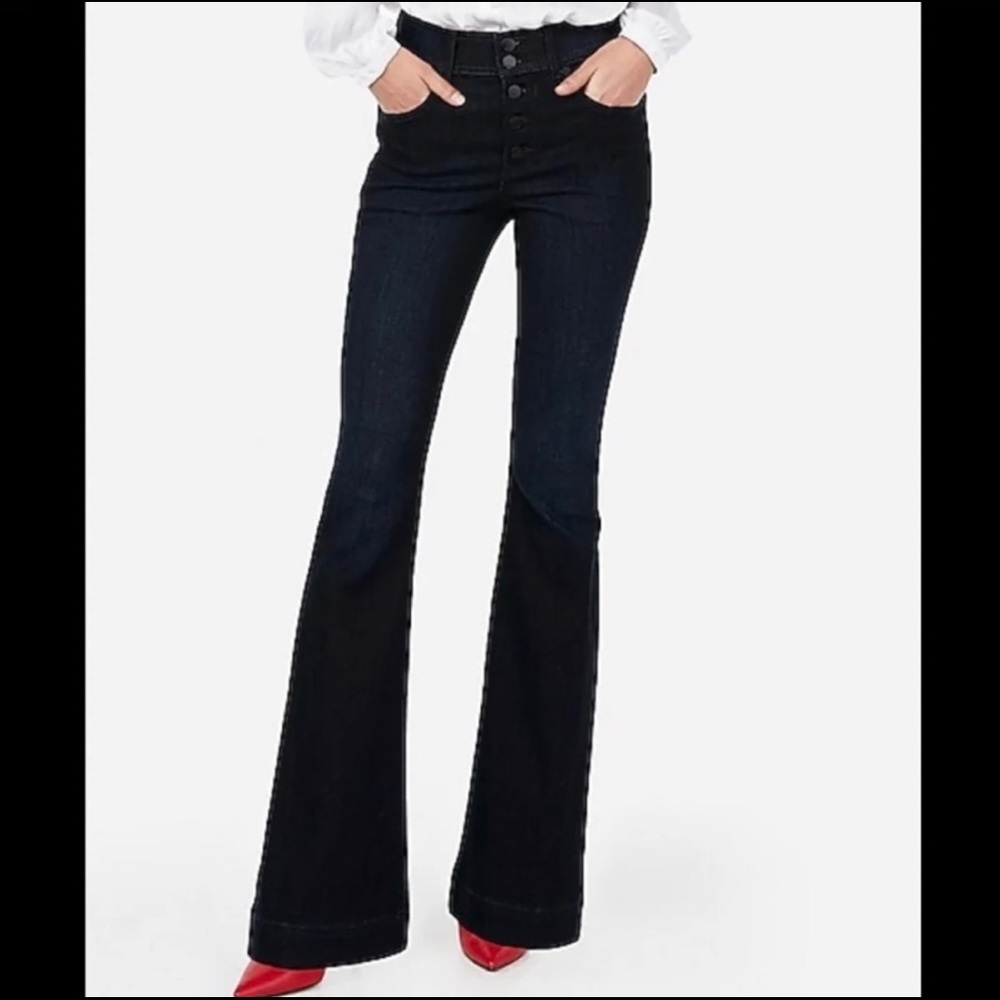 High Waisted Button Fly Bell Flare Jeans, 2S